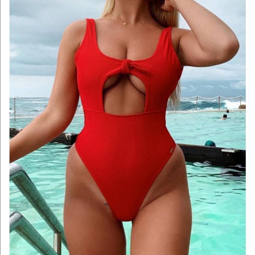 White Fox Boutique Red Ribbed Cheeky One Piece💋